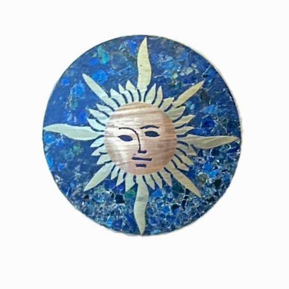 VTG Taxco Mexican Silver & Copper Sun Brooch with crushed Lapis/Turquoise - Picture 3 of 8